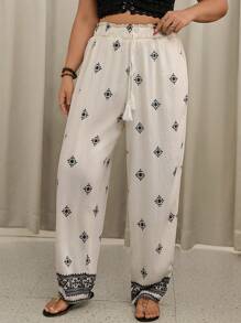 SHEIN VCAY بنطلون نسائي صيفي فضفاض واسع الساق مطبوع بطبعات الأزهار مع كشكش الخصر، طراز أجازة - لون مشمشي - مشاهدة 1