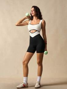 VARSIVA Women Gym Women Outfit Contrast Color Cut Out Waist Sleeveless Rompers - Black and White - View 4