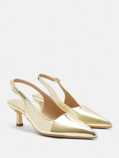 CUCCOO CURVES Women Wide Fit Fashion Gold Classic Backstrap Comfortable Low Heel Pointed Toe Flats, Suitable For Commuting, Dates, Gatherings And Parties