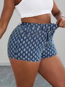 Slaydiva Quần short denim móc cỡ lớn cho nữ, thiết kế cạp chun bất đối xứng, không co giãn, ôm vừa vặn, phong cách Cowboy, quần short denim lễ hội mùa hè - Rửa trung bình - Xem 6