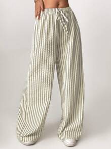 SHEIN Tall 宽松条纹阔腿裤，前系带，休闲装 - 米色 - 查看 4