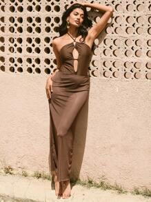 Swim Chiccia Women's Sexy Solid Color Halter Neck Backless One-Piece For Summer Beach Vacation - Brown - View 4