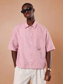 SUMWON Áo sơ mi mùa hè giản dị có túi họa tiết vải lanh có họa tiết Revere cổ áo ngắn tay cài nút phong cách nghỉ dưỡng thoải mái - Hồng - Xem 7