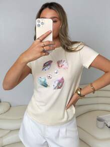 Roylia Women's Summer Beach Elements Print Short Sleeve Round Neck T-Shirt