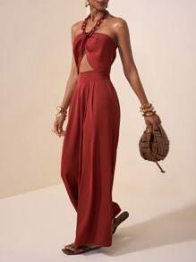 Zivah 2025 Summer New Style Wedding Birthday Party Daily Outing Basic Versatile Casual Popular Online Style Street Style Elegant Commuting Business Casual Necklace Hanging Sexy Backless Irregular Hem Women's Top And Pleated Straight Wide-Leg Pants Good Drape Red Brown Summer Suit Women's Two-Piece Suit