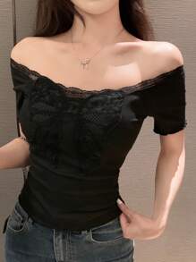 DAZY Camiseta casual de manga corta con lazo para mujeres/adolescentes - Negro - Ver 3