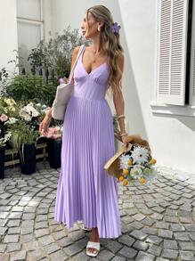 SHEIN LUNE Vestido largo sin mangas de unicolor casual con pliegues en la espalda y lazo de moño, adecuado para viajar, uso diario, verano - Púrpura malva - Ver 4