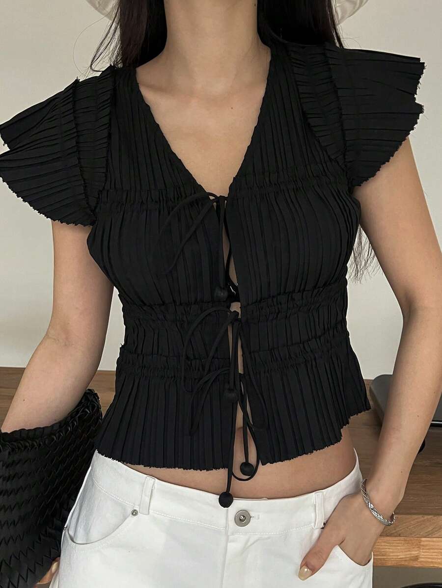 DAZY Women's Summer Casual Solid Color Ruffle Puff Sleeve Knot Front Blouse - Black - View 1