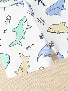 Sharks, Holiday, Vacation, Coconuts, Baby Boy Graphic Casual Slim Fit Round Neck Short Sleeve & Shorts Swimwear Set, Suitable For Summer - Multicolor - View 4