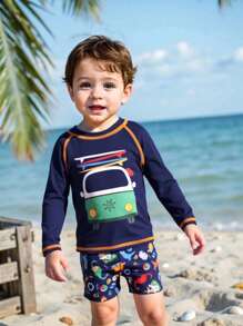 Baby BoyLong Sleeve Rash Guard & Short Swim Trunks Cartoon Printed Swimsuit Set, Sibling Matching Outfits (Sold Separately, 2 Sets) - Multicolor - View 3