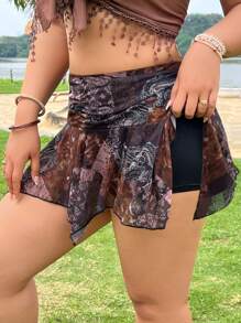 SHEIN EZwear 加大码扎染雪纺波西米亚风荷叶边下摆休闲裙，适合假日和夏季穿着女士短裙 - 彩色 - 查看 5