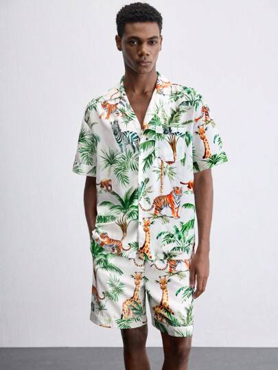 Maija 2 件套男士棕榈树印花短袖衬衫和短裤海滩度假装，夏威夷风