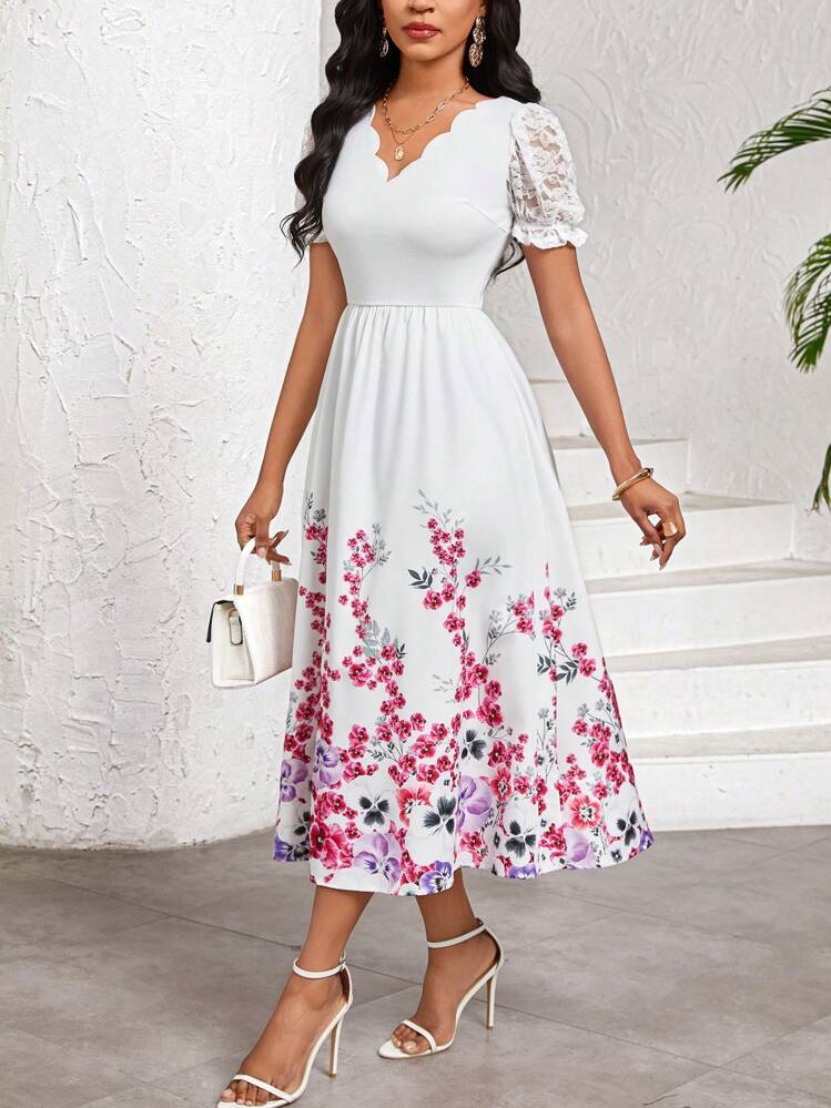 SHEIN Lady White Long Dress With Floral Print Birthday&Event Dresses  /Office Dresses /Church Dresses/Wedding Dresses /Holiday Dresses /White  Dresses | SHEIN USA