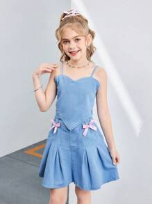 Tween Girls 2 件牛仔套装 - 浅蓝色牛仔吊带背心搭配粉色蝴蝶结和牛仔裙，时尚休闲风格，适合日常户外穿着 - 淺色水洗藍 - 查看 5