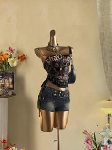 Attitoon Áo hai dây lửng nữ chất liệu 95% cotton, kiểu dáng vintage punk grunge, họa tiết chữ thập và chữ Anh, có dây rút, thích hợp cho các buổi đi chơi, kỳ nghỉ biển, phong cách đường phố, sang trọng, phong cách Y2K. - Nhiều màu - Xem 5