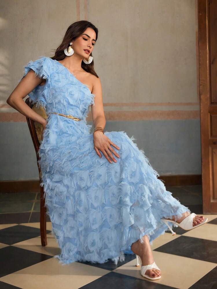 ZEYLAH Women's Solid Color Asymmetrical Neckline Elegant Long Dress