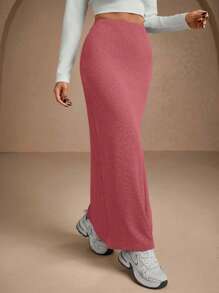 EURMUSE Women Solid Color Slit Detailed Tube Skirt - Dusty Pink - View 5