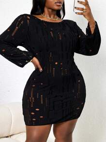 Slaydiva Plus Size Women Hollow-Out Sexy Casual Vacation Long Sleeve Cover Up