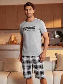 Manfinity Underwear&Sleepwear Basics Bộ đồ mặc nhà in chữ cổ tròn và quần short kẻ caro cho nam, Giáng sinh - Màu Xám nhạt - Xem 4