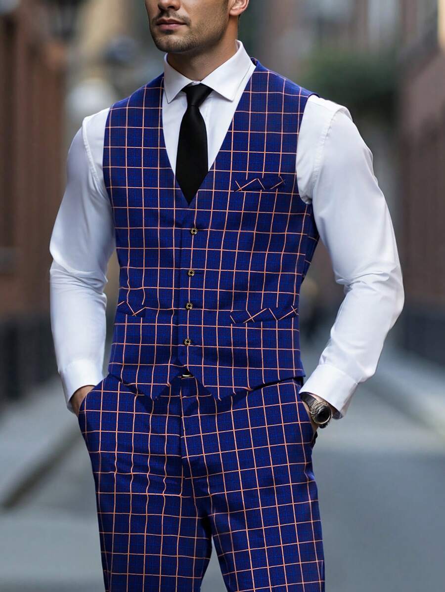 Calvornis 男士休闲格子马甲套装 - 藏蓝色 - 查看 1