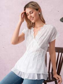 SHEIN Clasi 女士刺绣、提花和印花V领泡泡袖衬衫，2025年夏季新品 - 杏色 - 查看 6