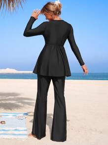 Swim Mulvari Bộ 2 món/bộ đồ bơi kín đáo cổ tròn tay dài màu trơn cho nữ, áo cạp chun rút và quần ống rộng - màu đen - Xem 2