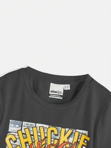 Nick 90s | SHEIN 小男孩卡通字母图案圆领短袖T恤 - 灰色 - 查看 3