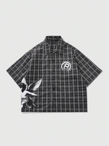 ROMWE MEN Street Life 男士美式街头风格图形短袖衬衫，夏季英伦天使儿童印花格子图案特别衬衫 - 黑色 - 查看 6