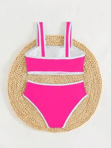 SHEIN Bộ đồ bơi 2 mảnh cho bé gái tuổi mới lớn, thiết kế đơn giản, thời trang, có dây đeo vai, tông màu trắng và hồng tươi, thích hợp để bơi lội và đi biển - Màu Hồng Tươi - Xem 5