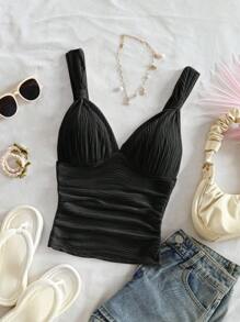 SHEIN Tall CURVE 夏季大码纯色百褶休闲百搭吊带背心