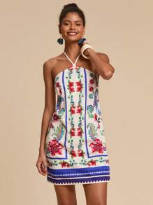 Travachic 女式复古印花系带露背迷你吊带裙、度假风格、编织图案印花、女士休闲夏季度假装、波西米亚海滩度假装、波西米亚风时尚、节日装、女士沙滩装、女士夏季装、毕业装、夏季太阳裙、女士生日礼服、海滩必备品、茶会礼服、7 月 4 日女士装、俱乐部装、露肩