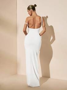 SHEIN BAE Vestido de sirena blanco sólido sexy de hombros oblicuos, cuello alto y espalda retorcida, elegante vestido de vacaciones, vestido de dama de honor, vestido de fiesta de cumpleaños, vestido de graduación de regreso a la escuela - Blanco - Ver 2