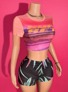 Slaydiva 2025 Summer New Style Birthday Party Daily Outing Basic And Versatile Leisure Vacation Cruise Travel Beach Seaside Sunbathing Internet Celebrity Hot Style Street Style Punk Style Round Neck Short Sleeve Cropped Tight Top And Tight Shorts Distressed Print Wave Edge Summer Suit Women's Two-Piece Suit - Multicolor - View 5