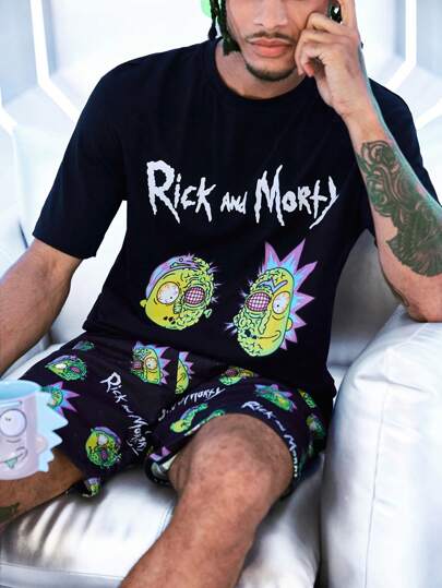 Rick and Morty X SHEIN Men's Cartoon & Letter Print Short Sleeve T-Shirt And Allover Print Shorts Loungewear Set