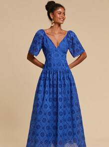 Travachic Summer Blue Puff Sleeve Long Dress With Floral Cutout Design And Sweetheart Neckline Blue Dress Blue Midi Dress Blue Eyelet Dress Blue Vacation Dress - Blue - View 6