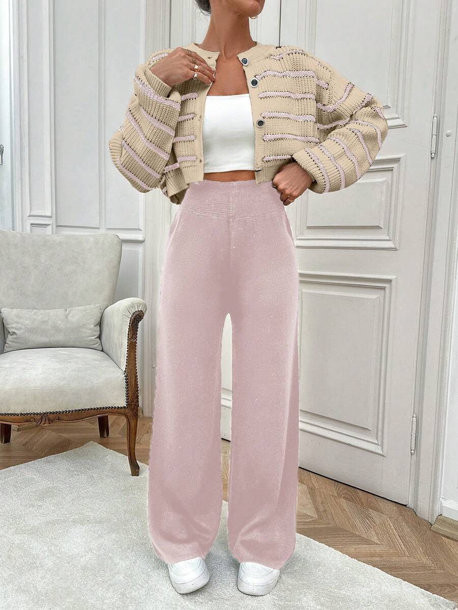 SHEIN Cottnline 女士条纹图案前扣开衫和毛衣裤套装 - 藕粉色 - 查看 1