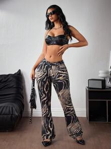 SHEIN ICON 女式撞色修身夏季时尚喇叭牛仔裤 - 彩色 - 查看 6