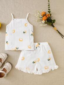 SHEIN Vintaside Kids Ensemble 2 pièces haut et pantalon pour bébé fille, en tissu jacquard décontracté, motif citron. À porter à l'extérieur, mignon et à la mode, doux et charmant. Convient pour le printemps et l'été, les vacances, le quotidien, la maison et les voyages.