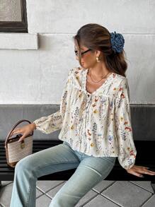 Pariaura Áo cánh tua rua hoa nhỏ nhắn cho nữ đi nghỉ mát thường ngày vào mùa hè - Màu be - Xem 4