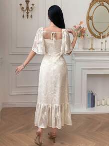 DAZY 女士优雅花卉印花荷叶边领袖中长连衣裙 - 白色 - 查看 2