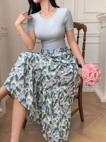 DAZY 2件套女士纯色T恤和花卉印花裙套装