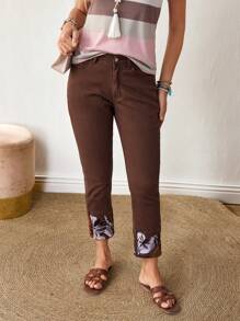 EMERY ROSE Women's Solid Color Denim Jeans, Fashionable For Summer - Brown - View 4