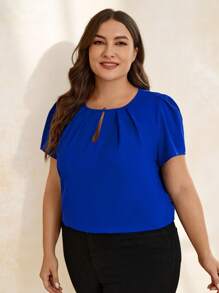 Chikora Plus Keyhole Neck Puff Sleeve Fold Pleated Top - Blue - View 3