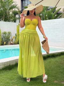 Swim SXY Plus Size Women Summer Beach Holiday Solid Color Shell Trim Bustier One-Piece Swimsuit & Waist Ruched Cover-Up Skirt - Green - View 5