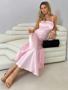 Roylia 女士优雅鱼尾连衣裙，细肩带，紧身，露背系带设计，夏季长裙 - 粉色 - 查看 1