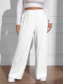 SHEIN EZwear Plus Size Casual Solid Color Simple Wide Leg Pants With Seam Front - White - View 10
