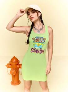 SCOOBY-DOO X SHEIN Women Cartoon & Letter Graphic Summer Sleeveless Short Dress - Army Green - View 6
