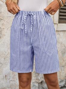 EMERY ROSE Striped Bermuda Shorts With Pockets, Loose Fit Mid-Waist Knee Length, Fashion Basics,High Waisted Shorts - Royal Blue - View 3