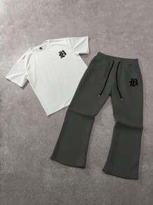 Claim Dot 2pcs Men's Versatile Letter Print T-Shirt And Elastic Waist Loose Fit Sweatpants Set - Multicolor - View 3