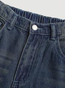 SHEIN Girlism 少女休闲宽腿宽松香蕉剪裁牛仔裤 - 中等水洗藍 - 查看 3